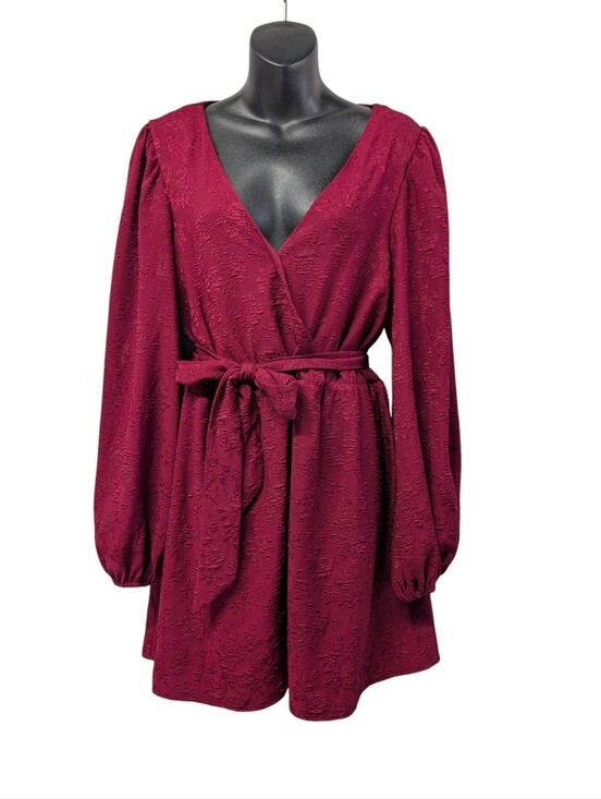 Lulus Dresses & Skirts - Lulus Burgundy Red Textured Wrap Dress Women's XL Long Puff Sleeve